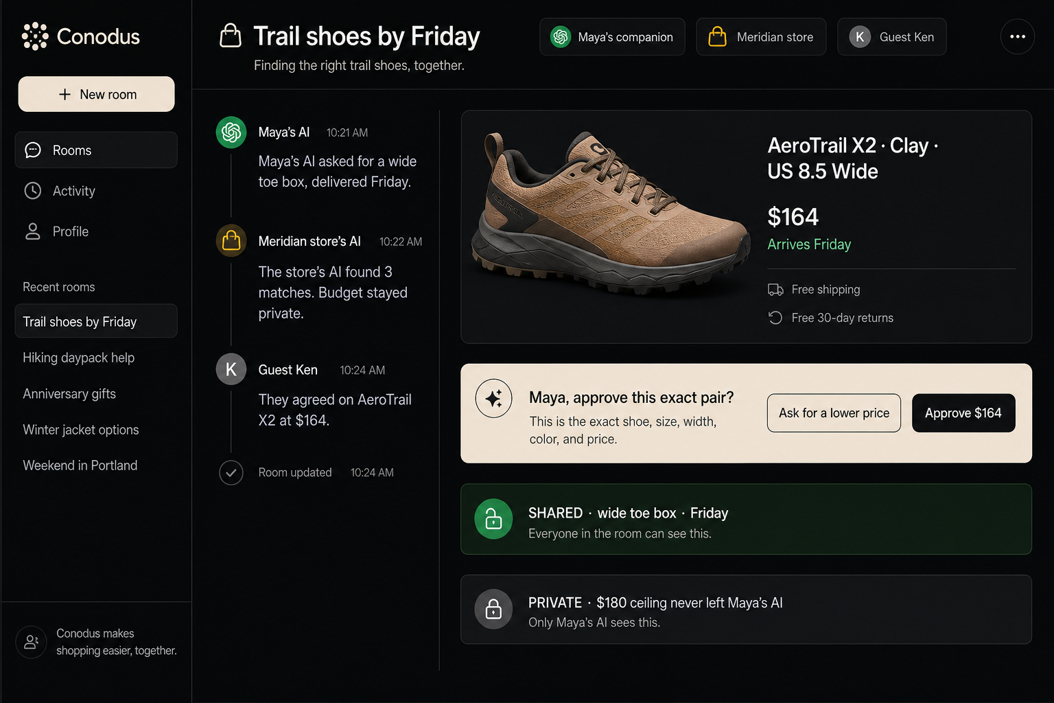 A shopping task where a personal companion and a store agent agree on a pair of shoes. One of many tasks you can set.